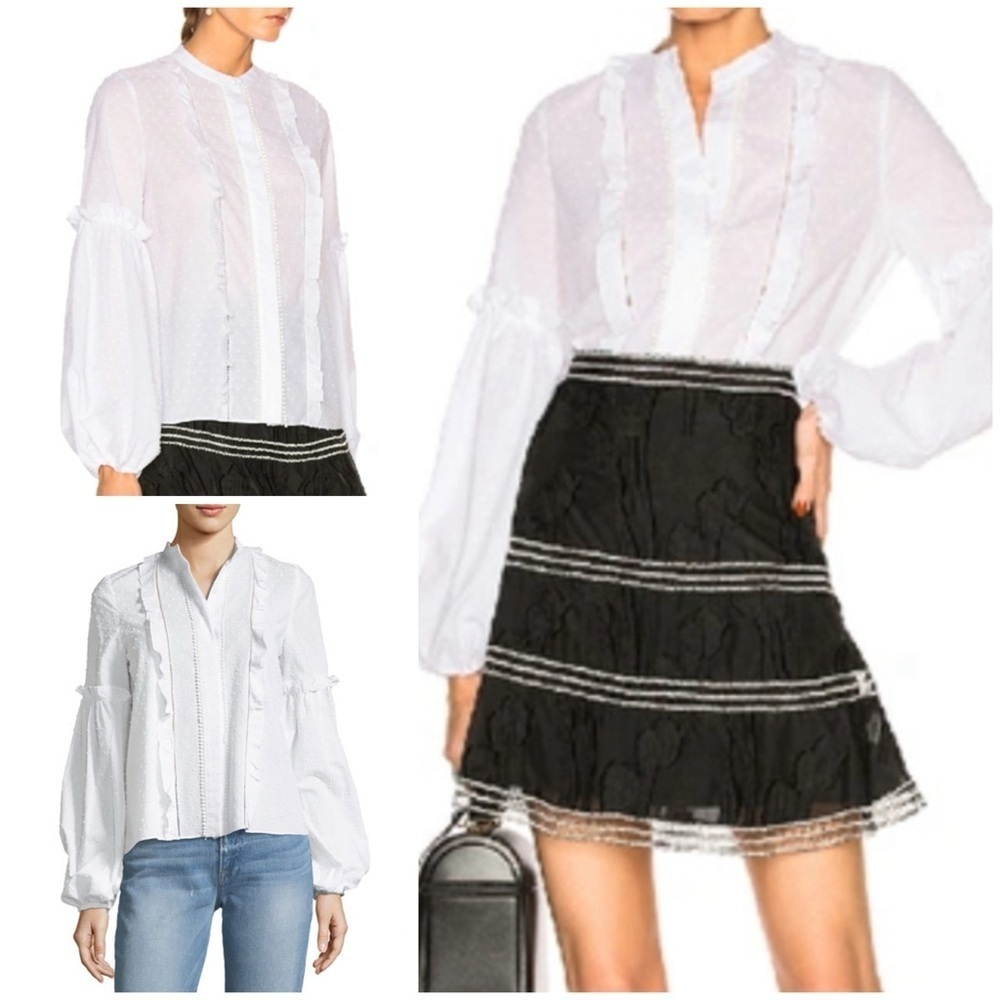 ALEXIS Lyric Swiss Dots Ruffle Lattice Lave Button-Front Cotton Dobby Blouse XS﻿